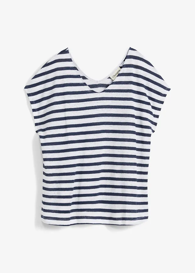 T-shirt 100% lin à manches chauve-souris • bleu foncé/blanc rayé • Boutique bonprix