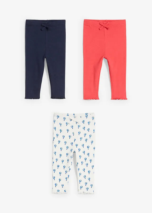 Lot de 3 leggings côtelés avec coton, Couleur: saumon + bleu foncé + blanc cassé