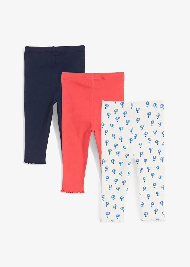 Geribde baby legging (set van 3) met biologisch katoen, Kleur: kreeftrood+donkerblauw+wolwit