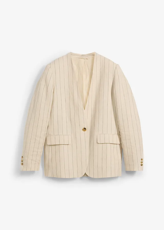 Blazer zonder kraag, van linnen, Kleur: lichtsand gestreept