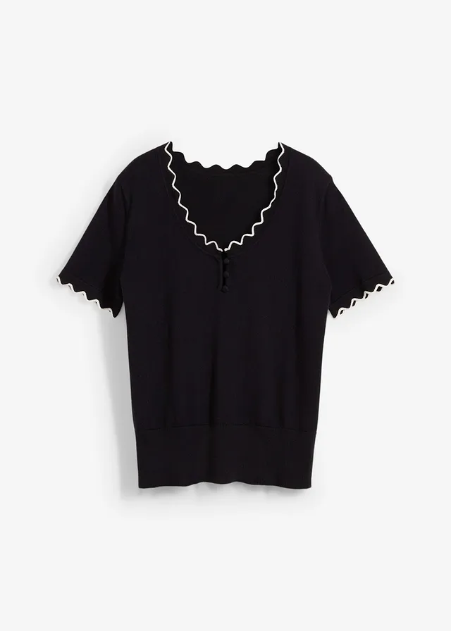 Fijn gebreide trui met zijde, 1/2 mouw • zwart/wolwit • bonprix online shop