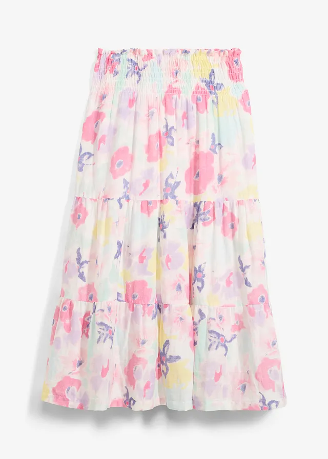 Jupe étagée en gaze de coton, Couleur: rose flamant à fleurs