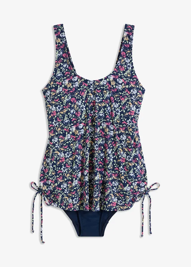 Costum de baie întreg cu fronseuri laterale • bleumarin, cu flori • magazin bonprix