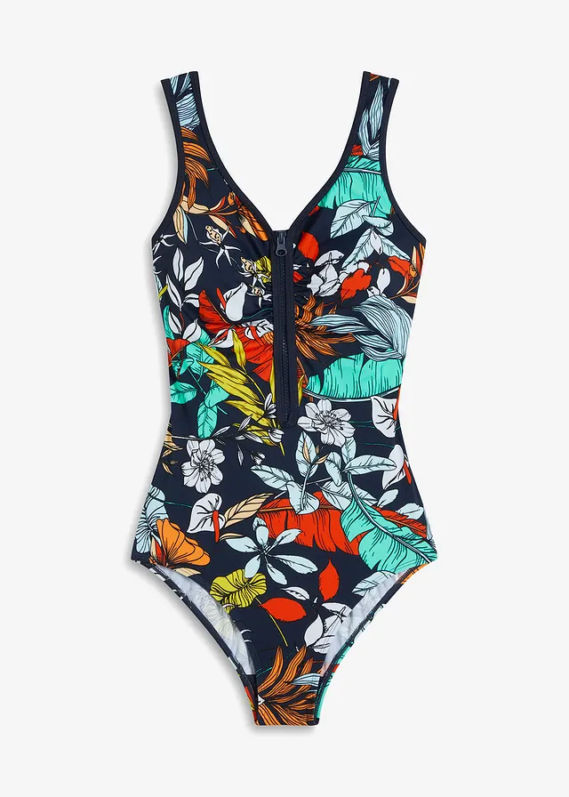Badpak met rits, Kleur: donkerblauw gebloemd