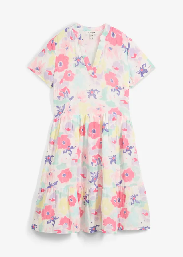 Jurk van mousseline, Kleur: wolwit-paarsblauw-flamingopink-citroensorbet-roze-zacht lila-roze poudre-mint-lichtblauw-rookmint-lila gebloemd
