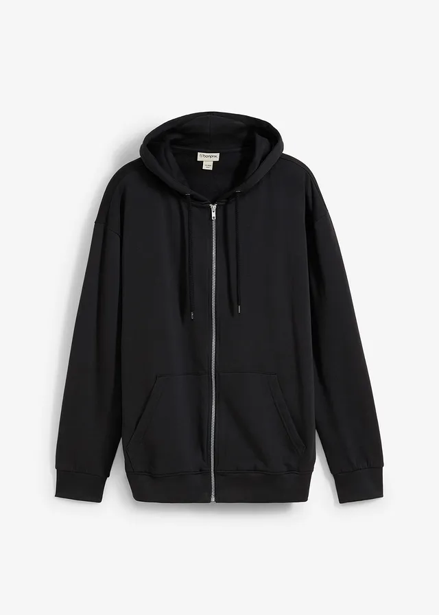 Sweatjack met capuchon van puur biologisch katoen, loose fit, Kleur: zwart