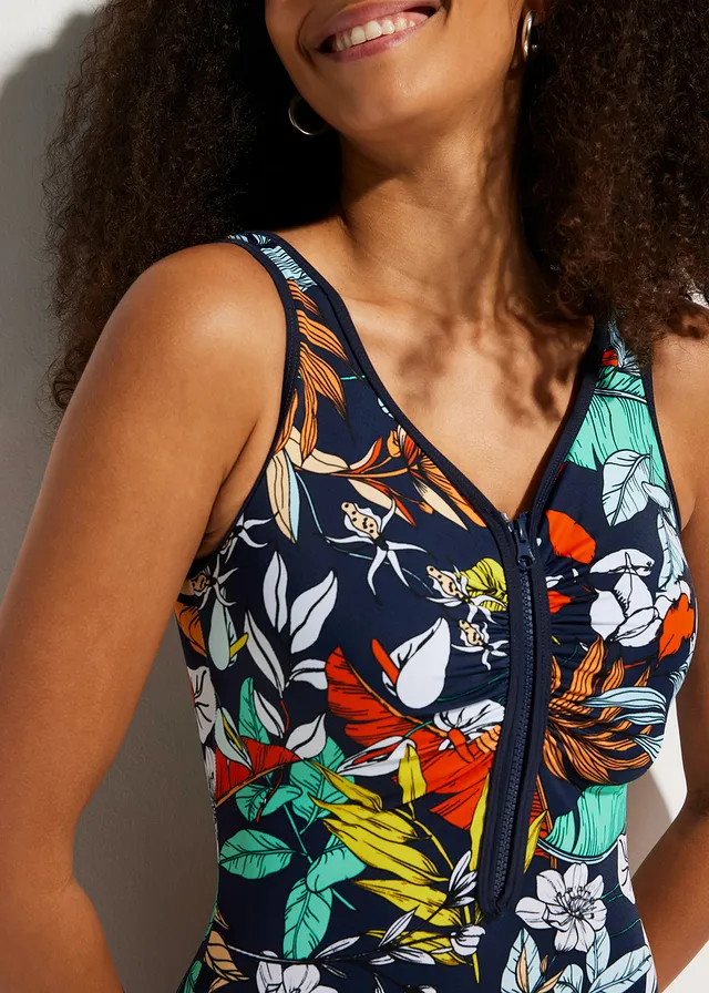 Badpak met rits, Kleur: donkerblauw gebloemd