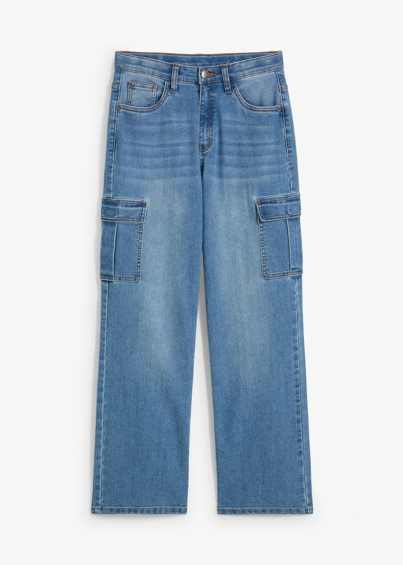 Blugi stretch în stil cargo, Loose Fit, Straight cu talie ajustabilă • bleu denim • magazin bonprix