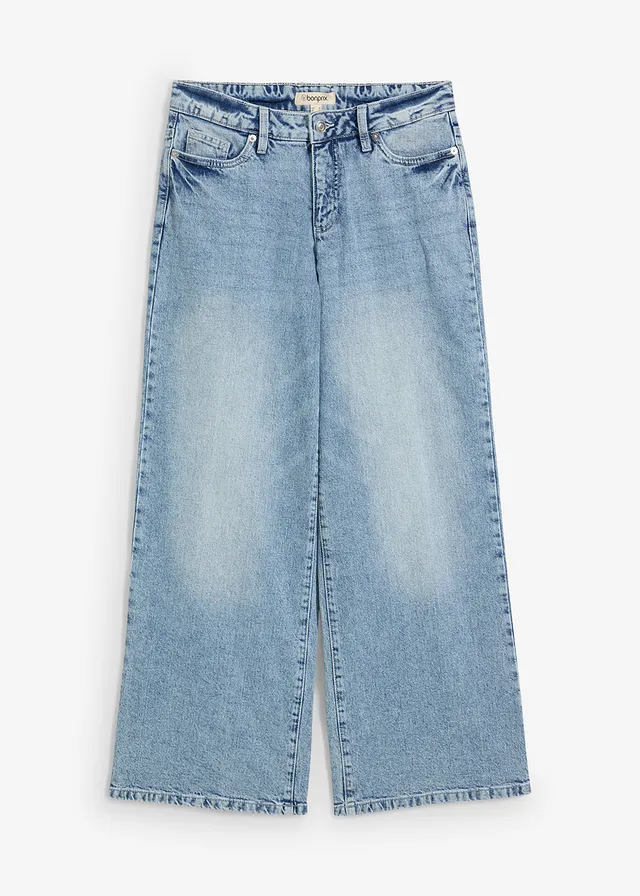 Blugi Wide Leg, Mid Waist, Low Stretch Full Length, culoare: bleu prespălat uzat
