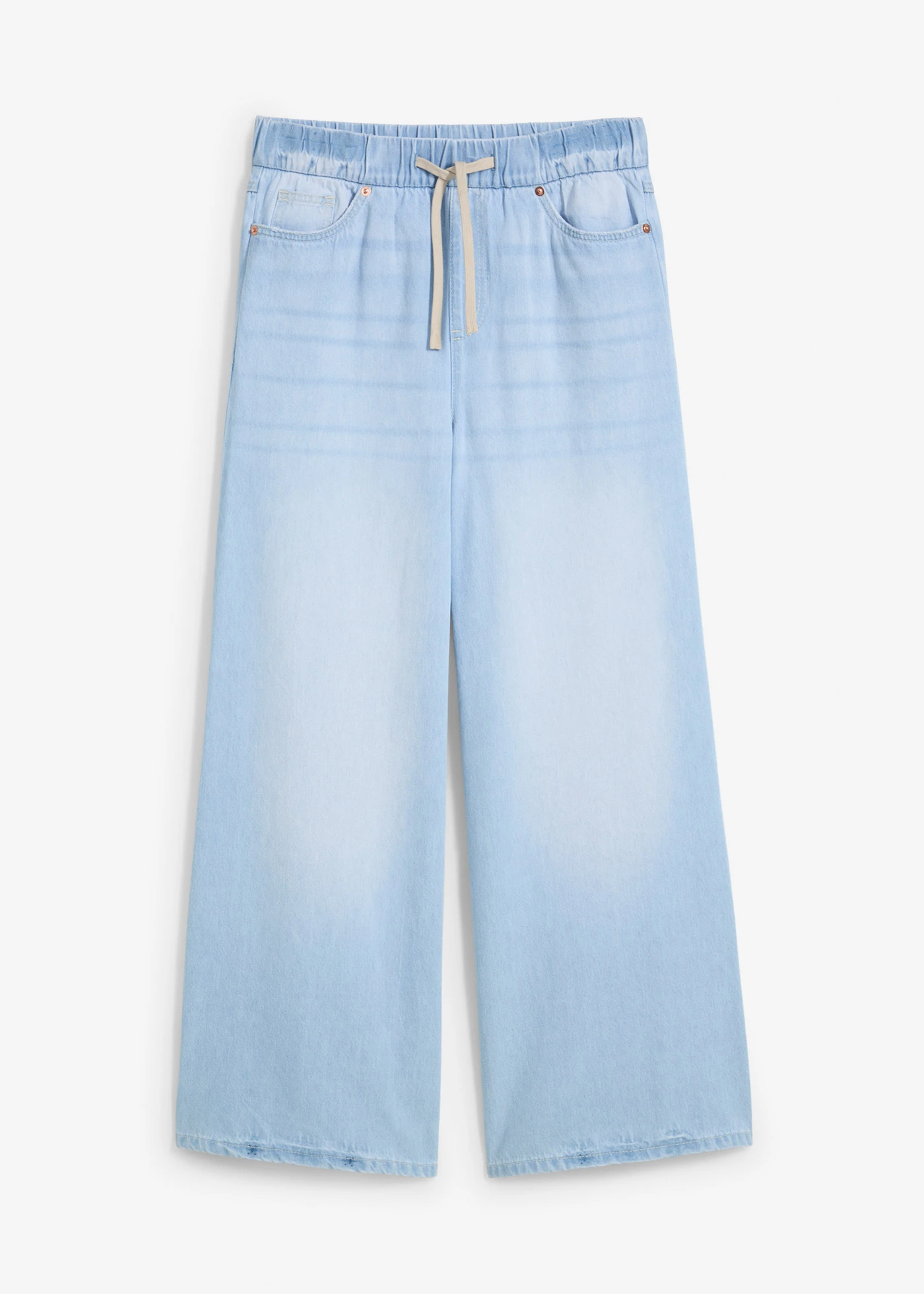 Wide Leg farmer, Mid Waist, kényelmes derékpánttal • jégkék denim, használt hatású • bonprix áruház