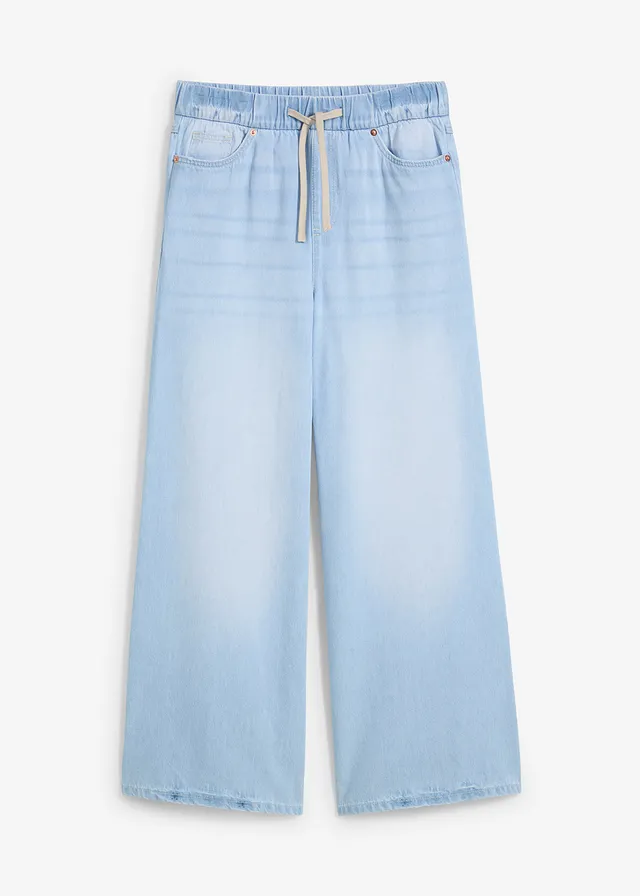 Wide Leg farmer, Mid Waist, kényelmes derékpánttal • jégkék denim, használt hatású • bonprix áruház