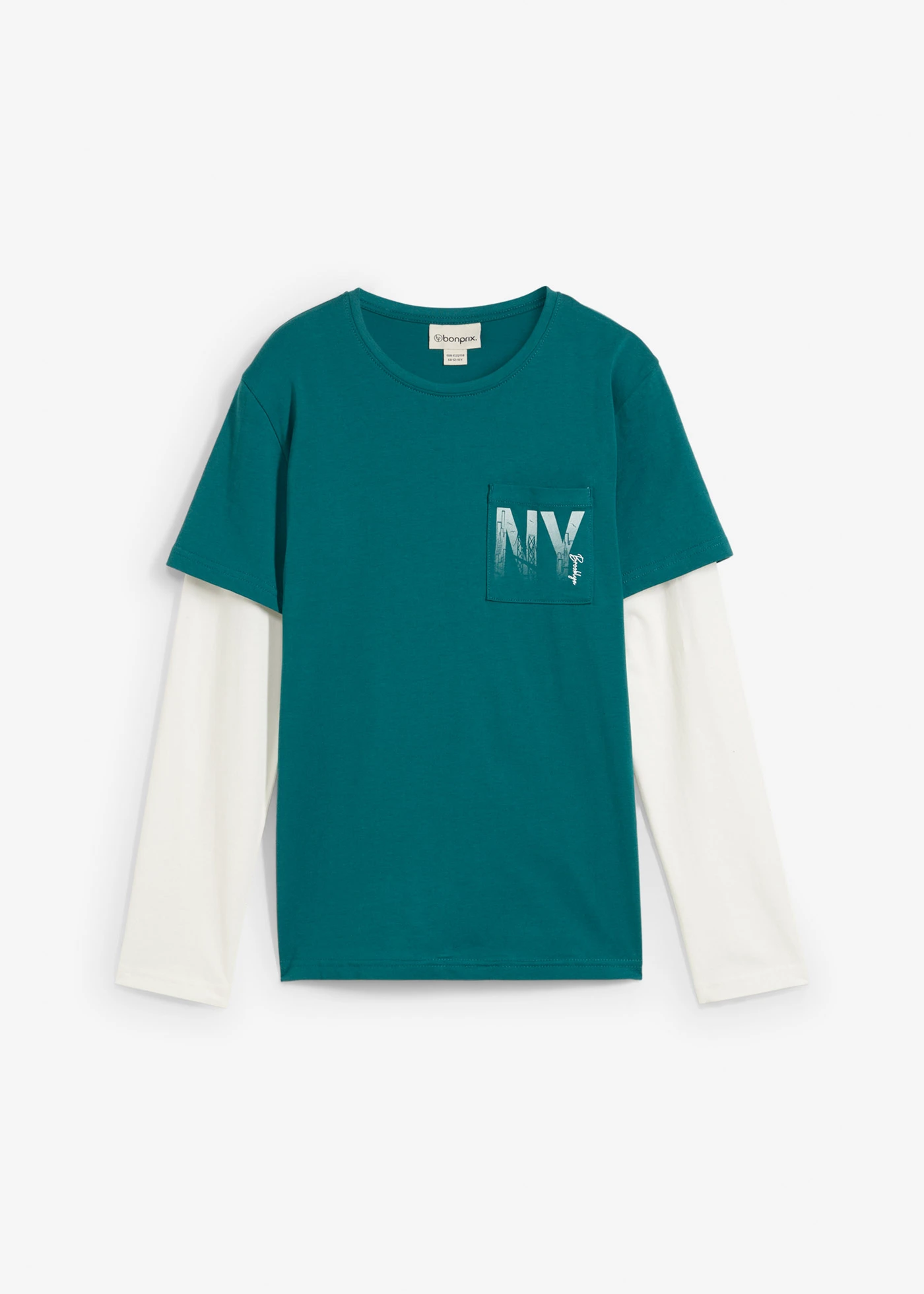 T-shirt manches longues effet superposition, 100% coton • pétrole-écru imprimé • Boutique bonprix