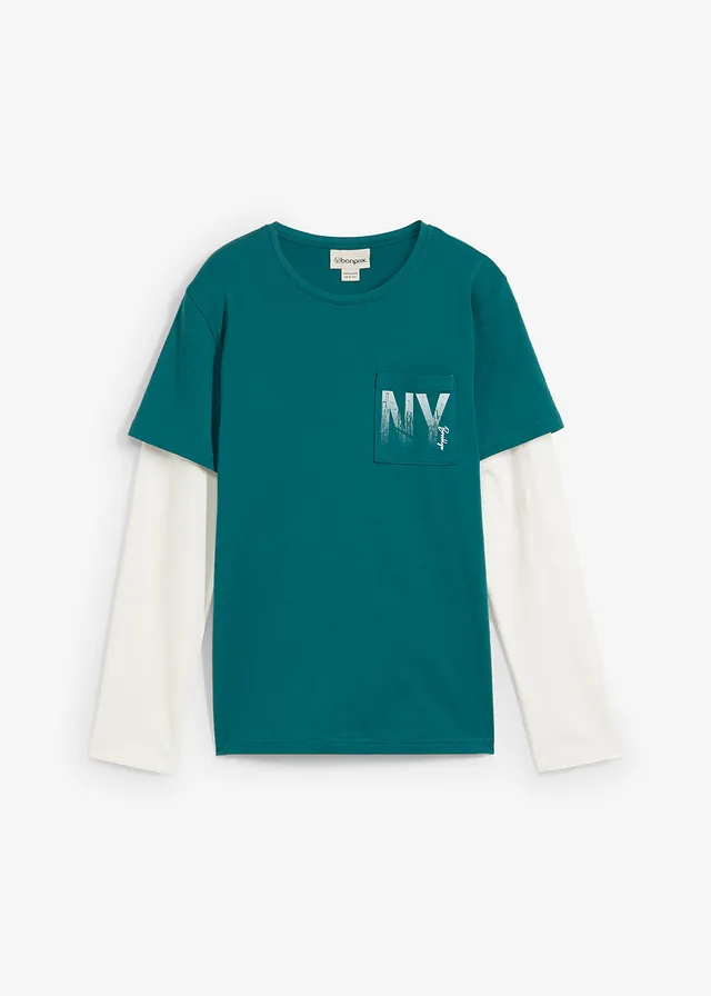T-shirt manches longues effet superposition, 100% coton, Couleur: pétrole-écru imprimé