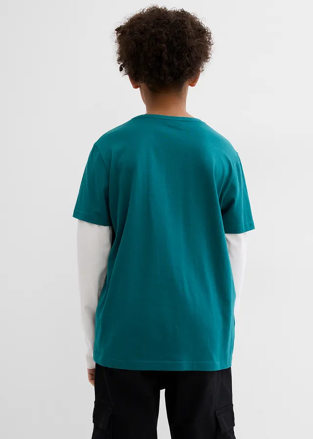 Shirt 2 w 1, długi rękaw, z czystej bawełny, kolor: niebieskozielony -biel wełny