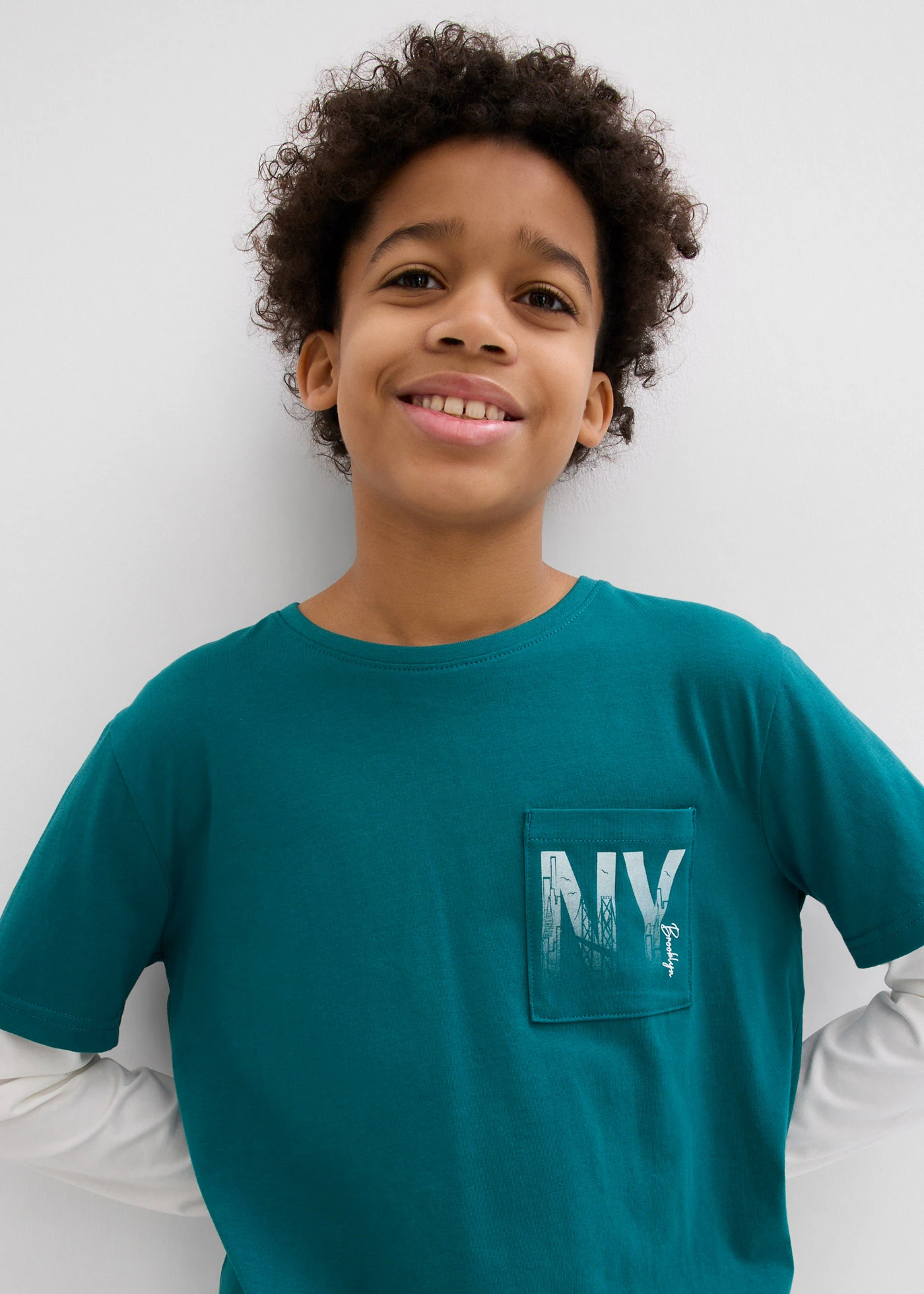 2-in-1 longsleeve van katoen • petrol-wolwit met print • bonprix online shop