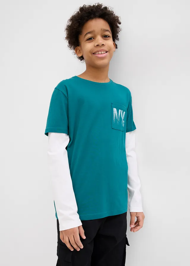 2-in-1 longsleeve van katoen, Kleur: petrol-wolwit met print
