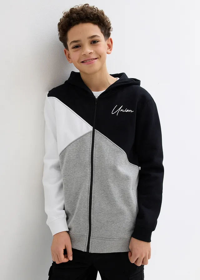 Sweat zippé à capuche 100% coton Loose, Couleur: noir + blanc + gris clair chiné