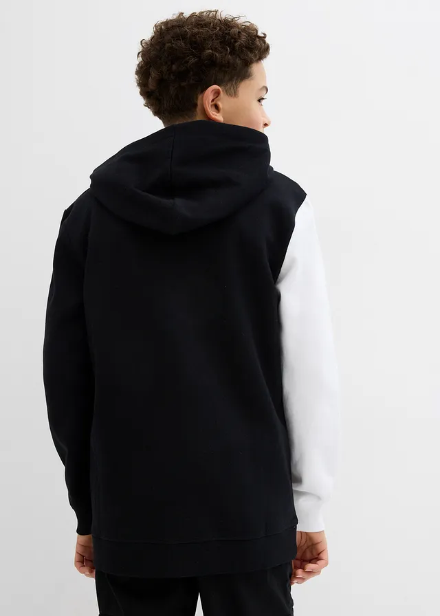 Sweatvest met capuchon in loose fit, Kleur: zwart wit lichtgrijs gemêleerd