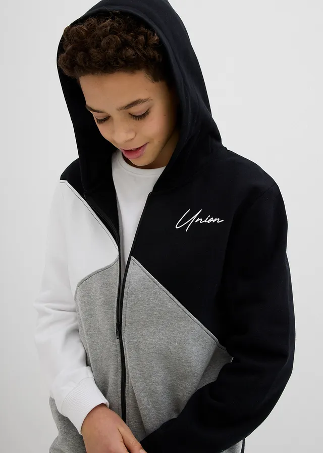 Sweatvest met capuchon in loose fit • zwart wit lichtgrijs gemêleerd • product-page.page-title-suffix