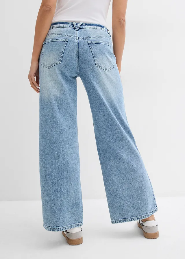 Blugi Wide Leg, Mid Waist, Low Stretch Full Length, culoare: bleu prespălat uzat