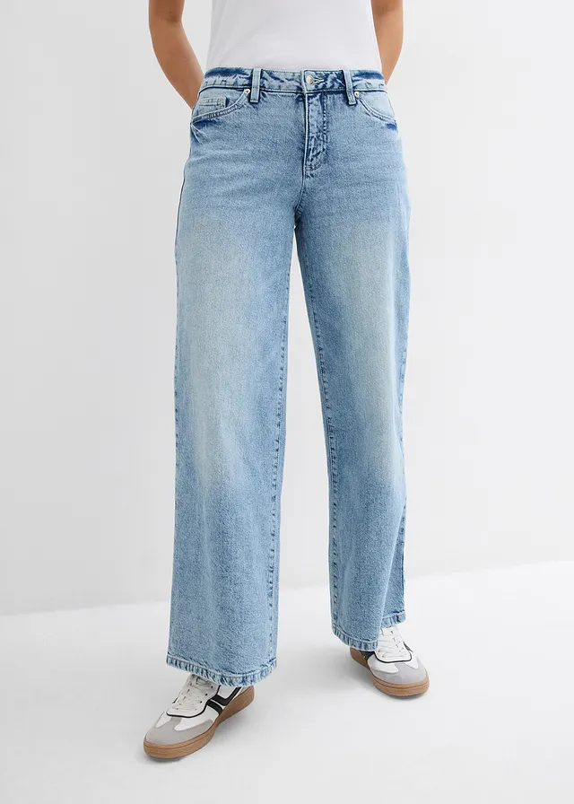 Jean large, taille mi-haute, peu extensible, longueur sol, Couleur: denim bleu glacier used