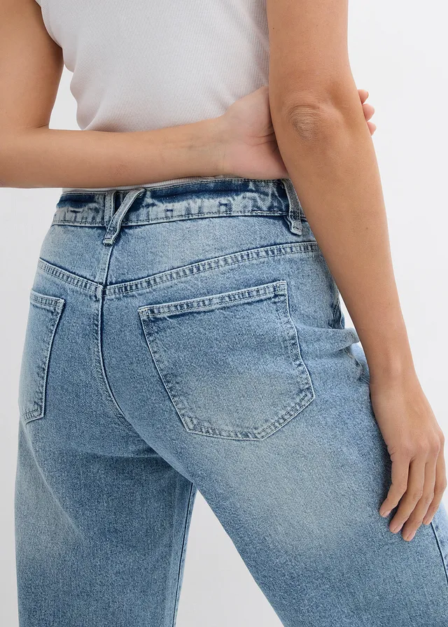 Jeansy wide leg, średni stan, pełna długość, z niewielką domieszką stretchu • jasnoniebieski denim "used" • sklep bonprix