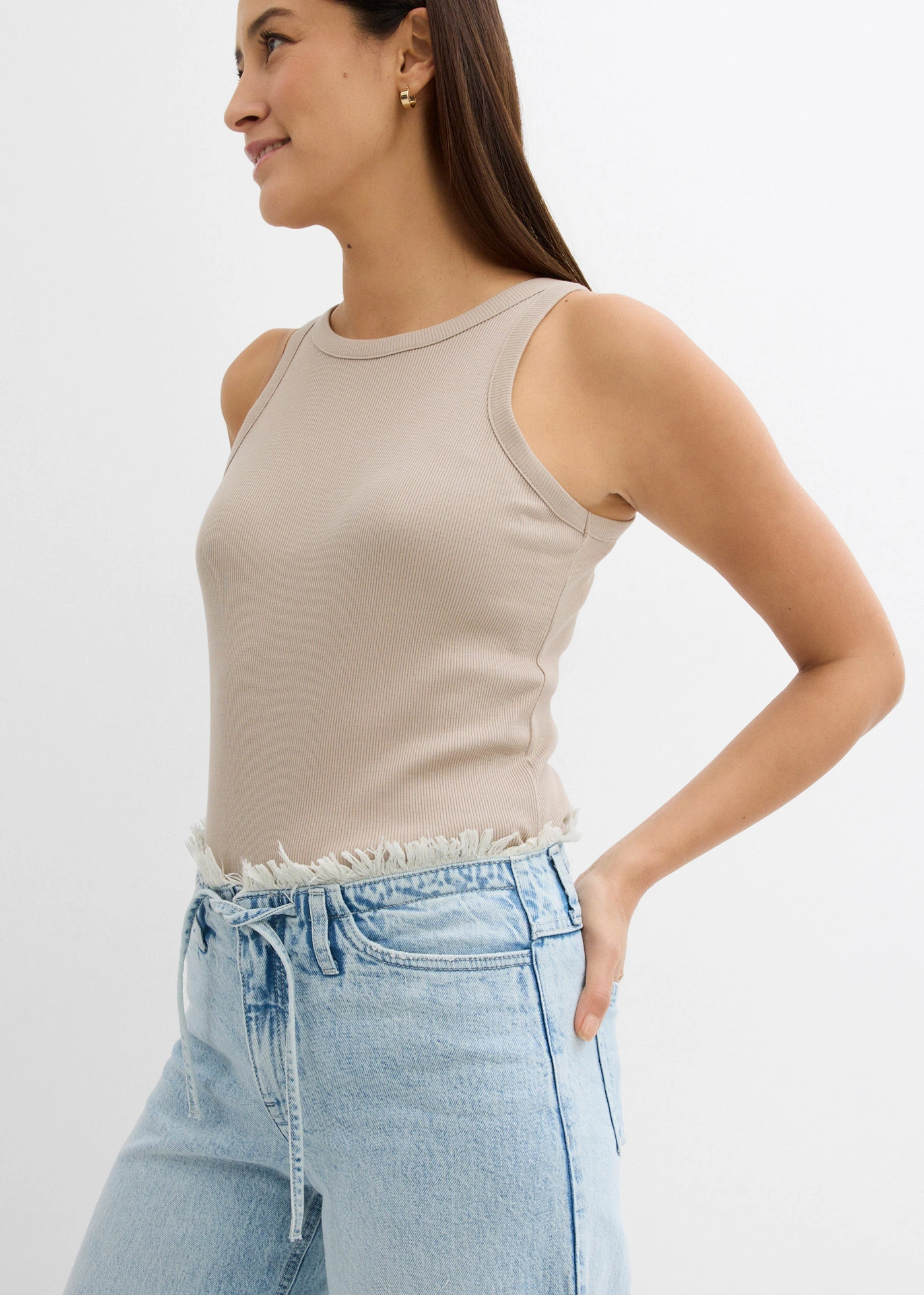 Wide leg jeans met franjes aan de zijkanten, mid waist • ijsblauw denim used • bonprix online shop