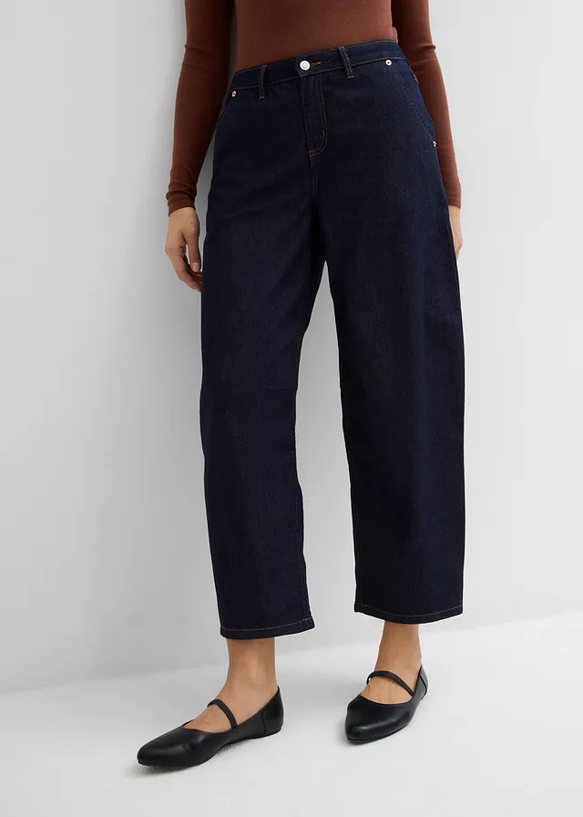 Jean ballon taille mi-haute, cropped, Couleur: bleu nuit denim
