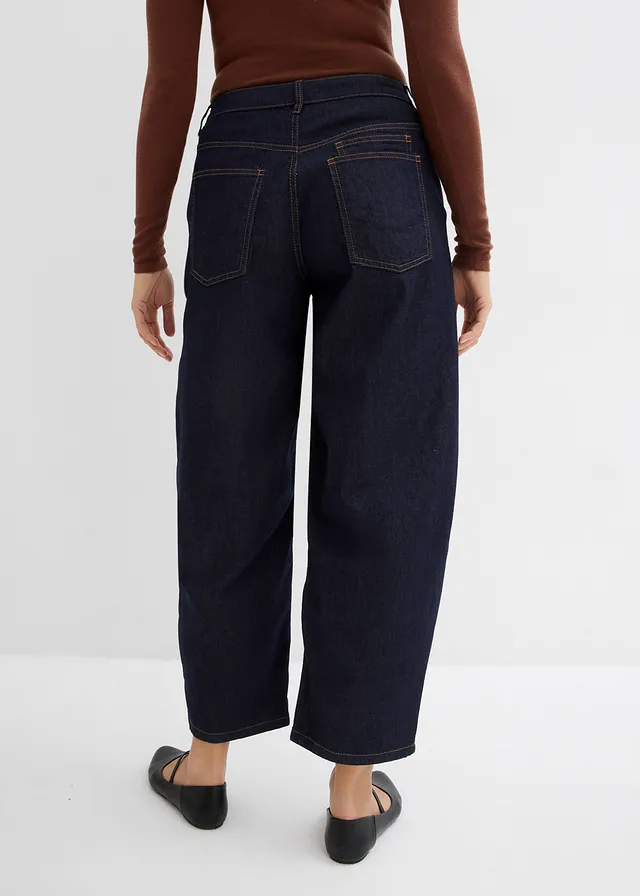 Jean ballon taille mi-haute, cropped, Couleur: bleu nuit denim