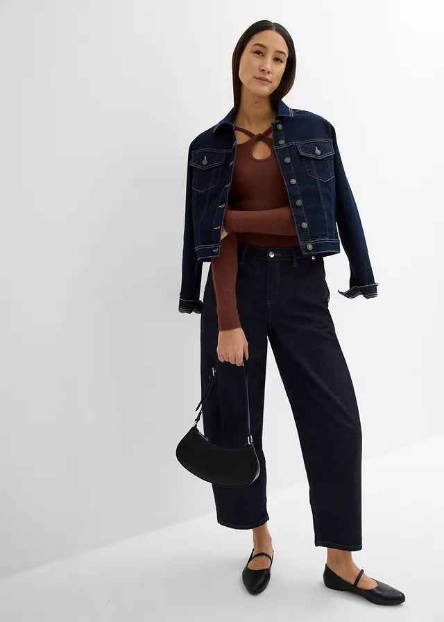 Jean ballon taille mi-haute, cropped, Couleur: bleu nuit denim