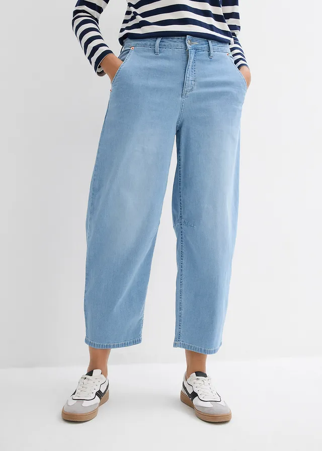 Jean ballon taille mi-haute, cropped, Couleur: denim bleu glacier used