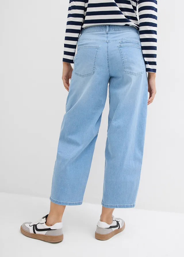 Jean ballon taille mi-haute, cropped, Couleur: denim bleu glacier used