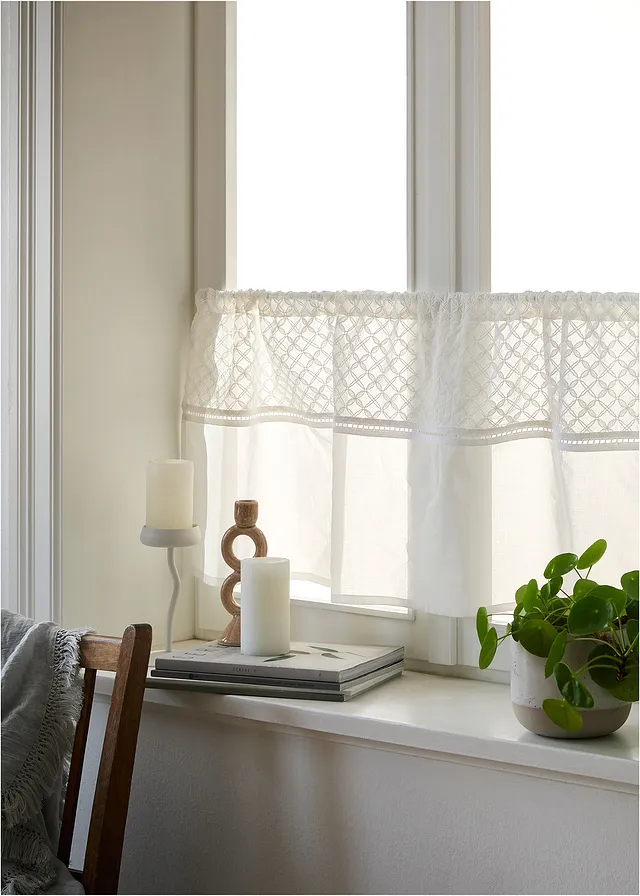Brise-bise brodé en coton, Couleur: blanc/beige