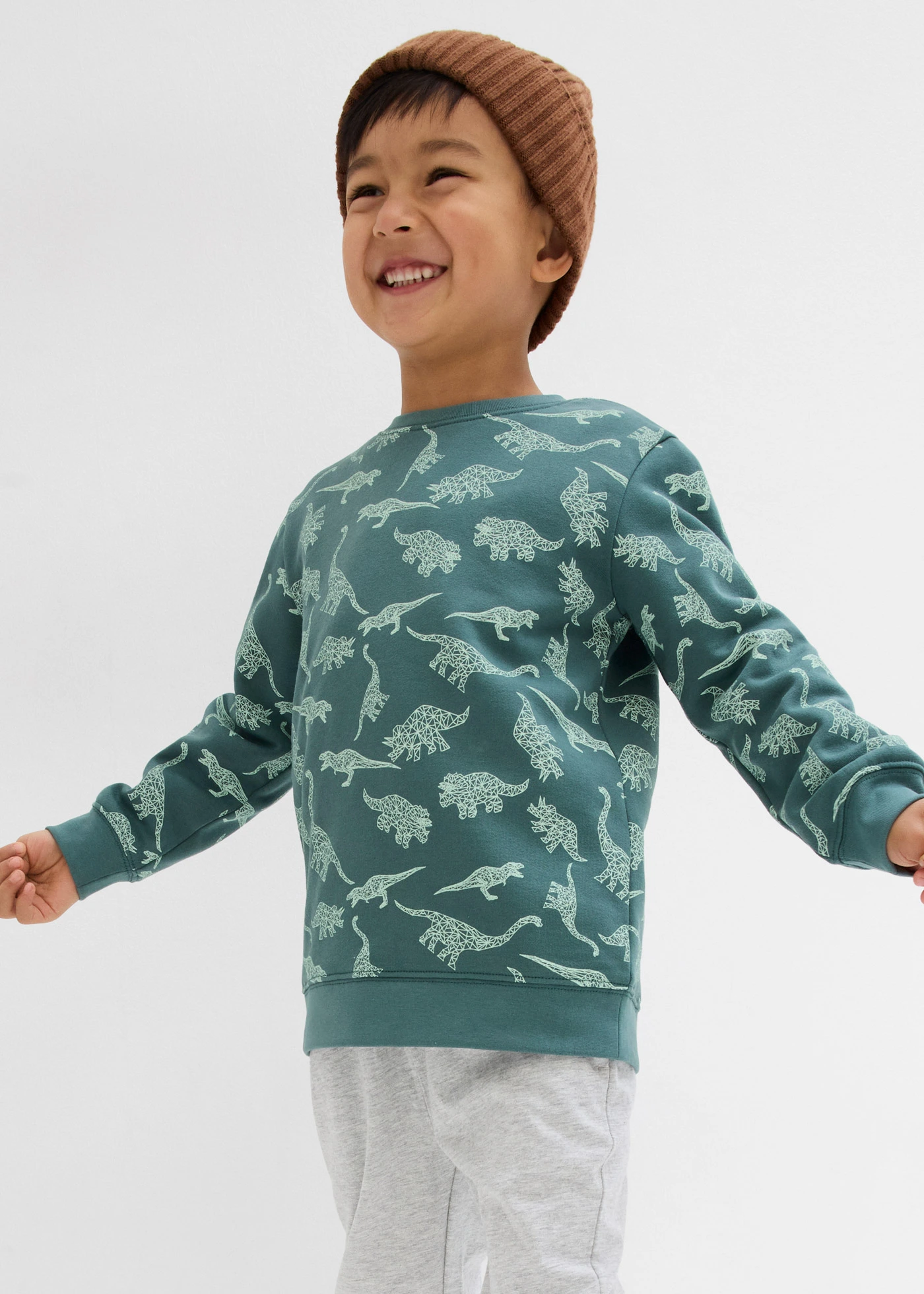Sweat-shirt à capuche en coton mélangé doux • gris vert imprimé • Boutique bonprix