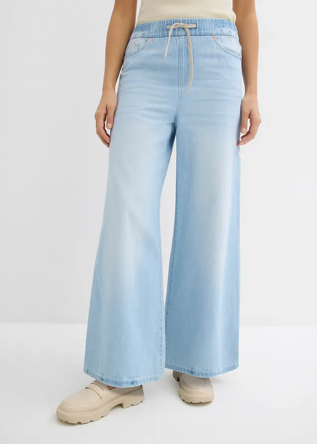 Jean large, taille mi-haute et élastiquée, Couleur: bleu glacier denim used