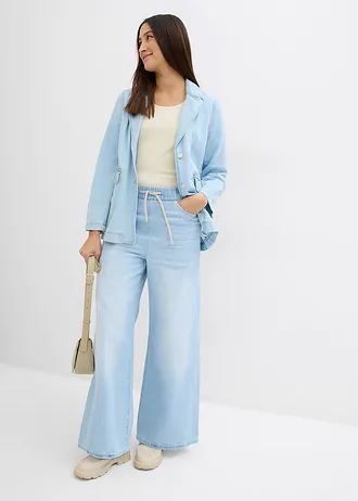 Dżinsy Wide Leg, mid waist, wygodny pasek • lodowy niebieski denim "used" • sklep bonprix