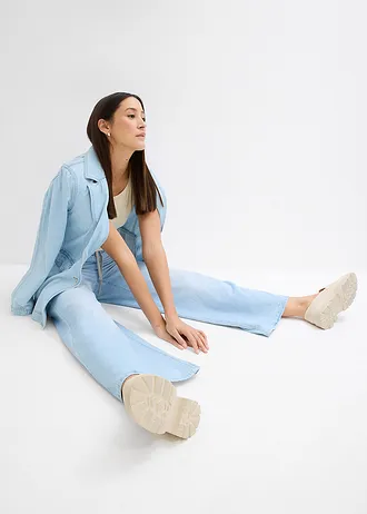 Wide Leg farmer, Mid Waist, kényelmes derékpánttal • jégkék denim, használt hatású • bonprix áruház