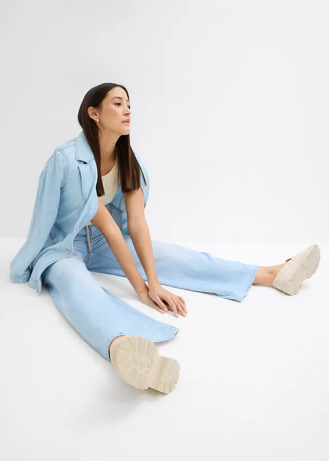 Jeansy wide leg, mid waist, wygodny pasek • lodowy niebieski denim "used" • sklep bonprix