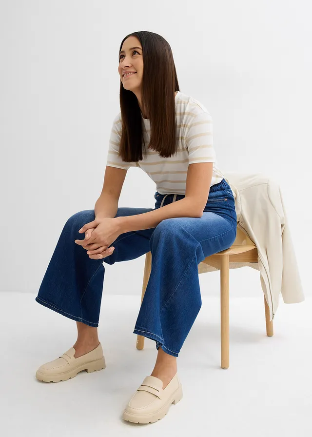 High waist wide leg jeans met comfortabele tailleband • nachtblauw denim used • product-page.page-title-suffix