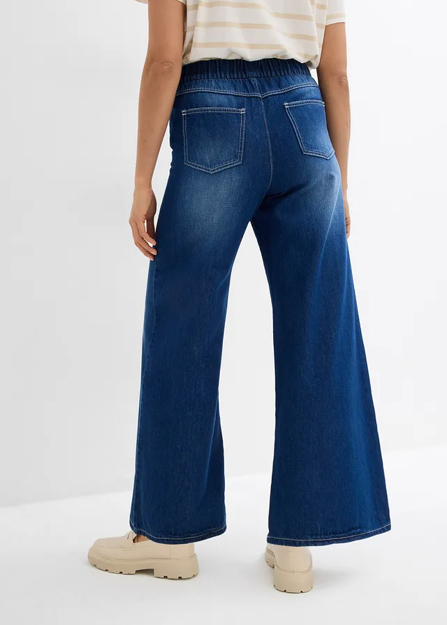 Jeansy wide leg, mid waist, wygodny pasek • nocny niebieski denim "used" • sklep bonprix