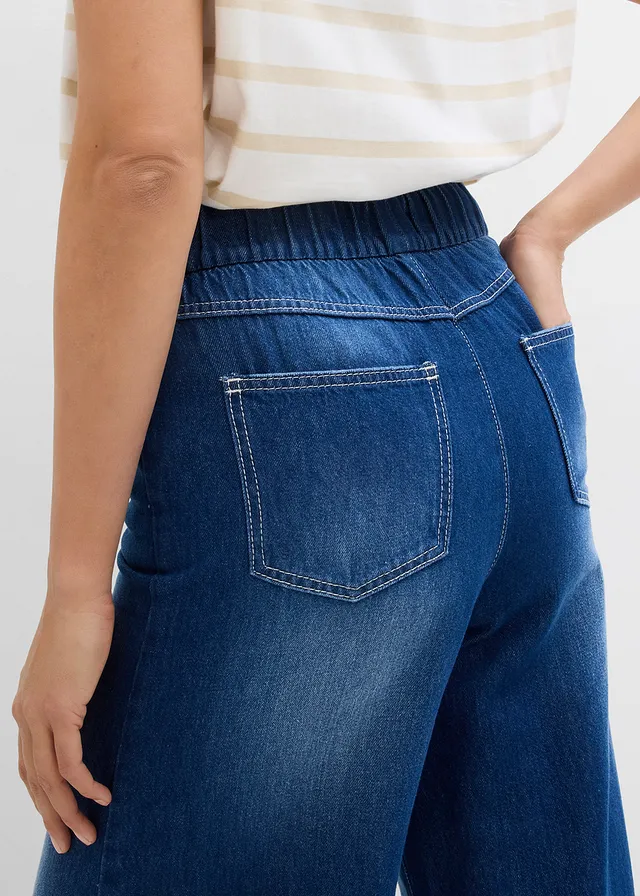 Jeansy wide leg, mid waist, wygodny pasek • nocny niebieski denim "used" • sklep bonprix