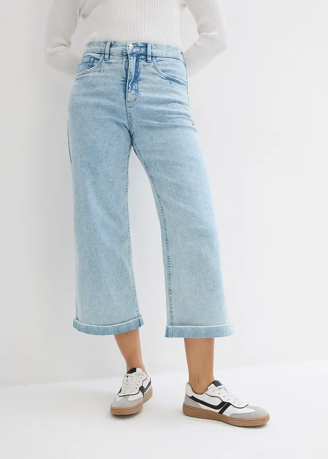 Jean large, taille haute, raccourci, Couleur: bleu glacier denim used
