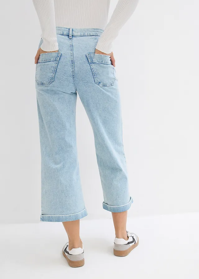 Jean large, taille haute, raccourci, Couleur: bleu glacier denim used