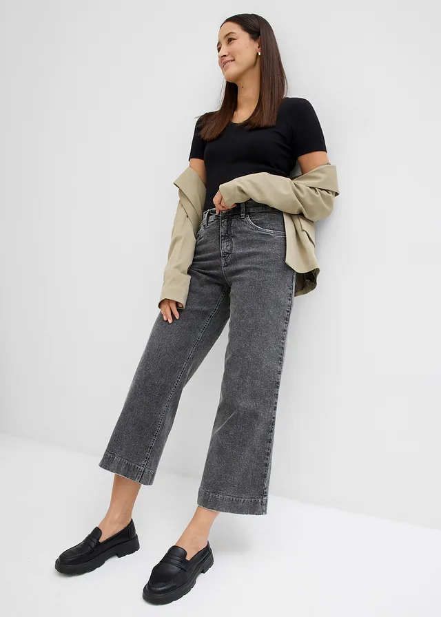 Blugi Wide Leg High Waist, cropped • gri denim deschis uzat • magazin bonprix