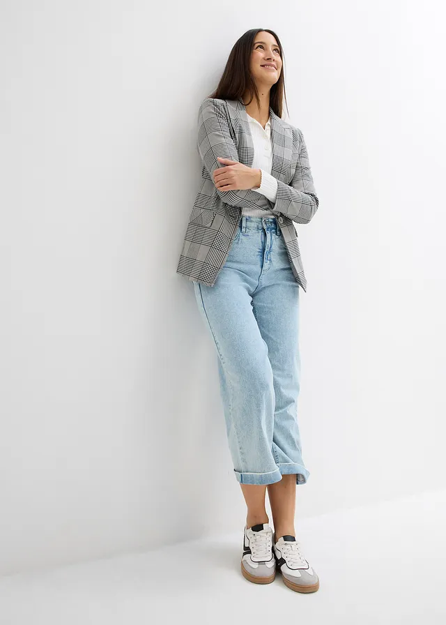 Jean large, taille haute, raccourci, Couleur: bleu glacier denim used