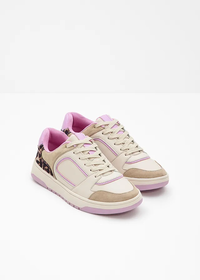 Sneakers avec détails léopard, Couleur: beige léopard-rose glycine