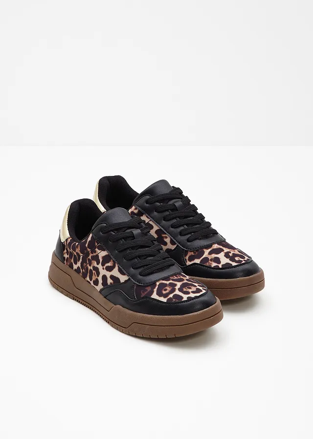 Sneakers à détails animaliers, Couleur: noir + beige léopard