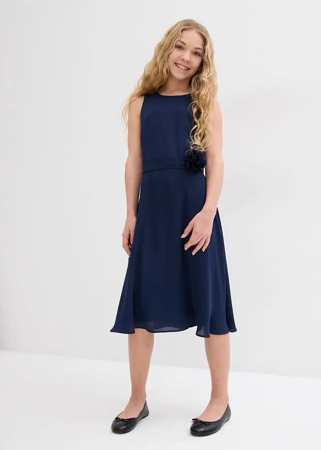 Feestelijke meisjes jurk met bloemapplicatie, Kleur: donkerblauw