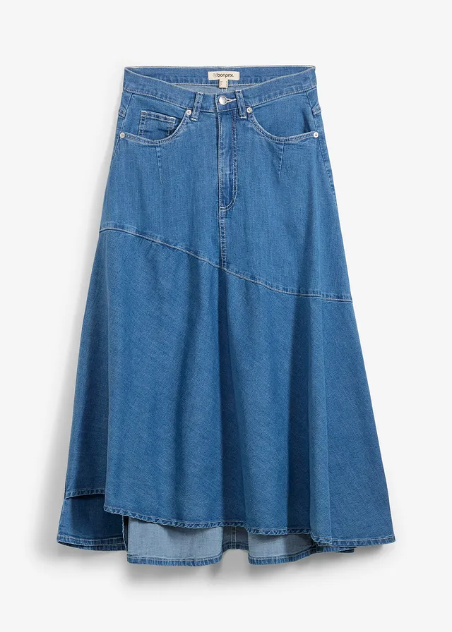 Jupe midi en jean, taille haute, Couleur: bleu clair denim used