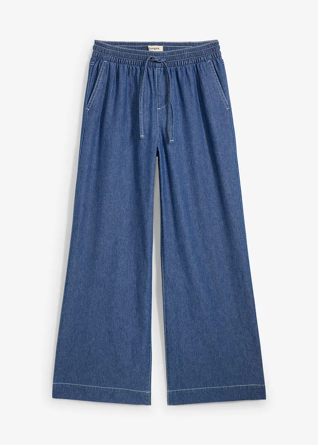 Wide leg jeans, mid waist met comfortband, Kleur: blue stone used